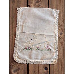 Vintage Hand-Embroidered Elephant Linen Doily With Floral Design & Lace Edging